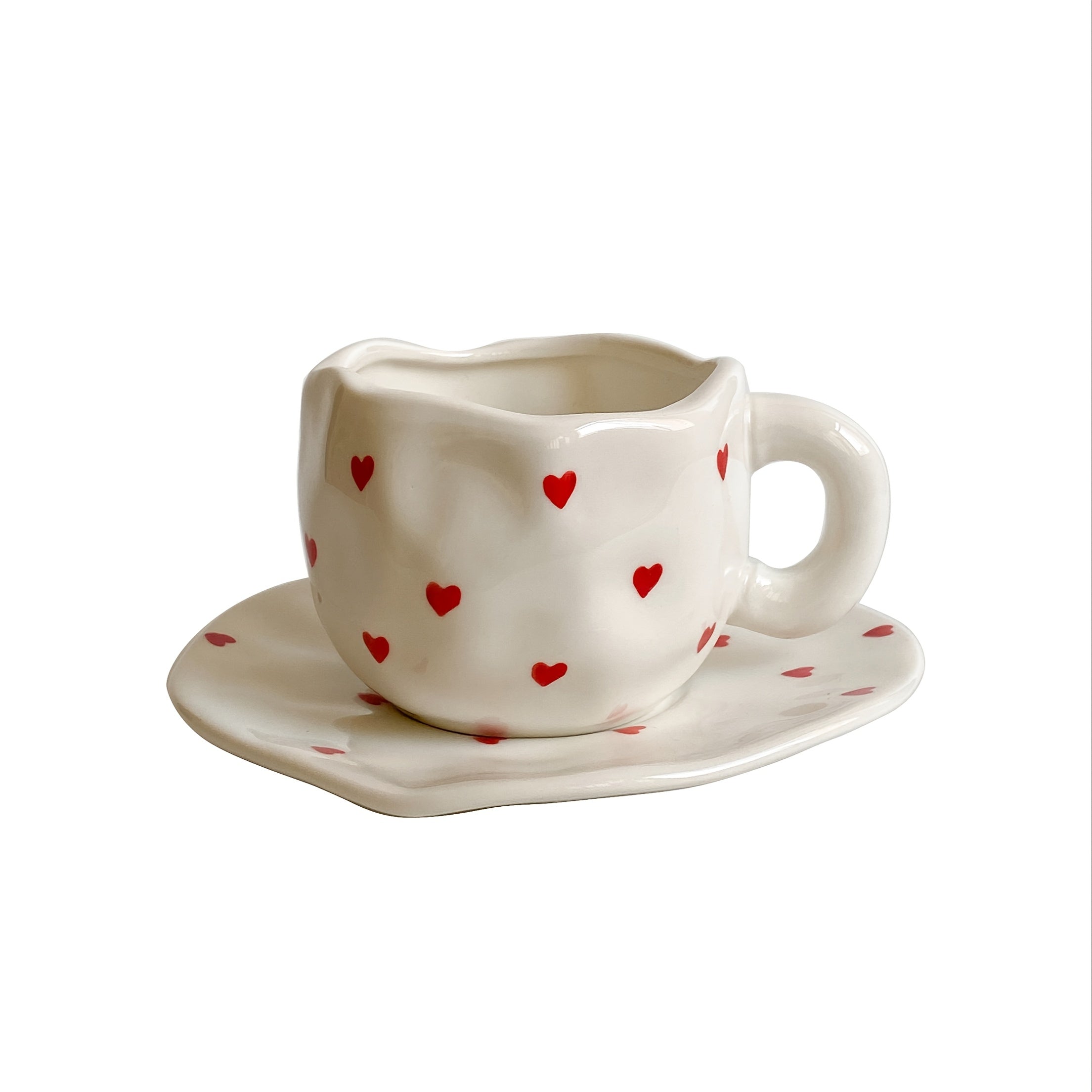 Valentine's Day Irregular Ceramic Coffee Mug and Saucer Set with Hand-Kneaded Texture