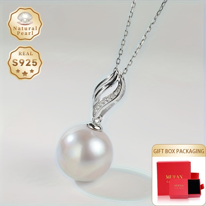 Women's Sterling Silver Pearl Pendant Necklace 13-14mm Lustrous Natural Pearl Zirconia Inlay