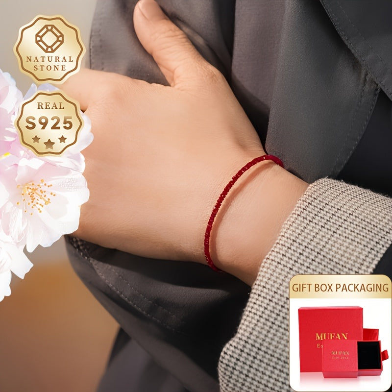 Women's Silver Bracelet with Red Faceted Natural Stones Adjustable Length Gift Box