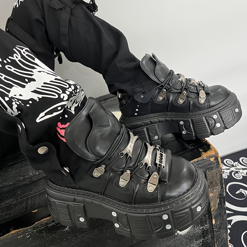 Women's Gothic Black High-Top Sneakers with Platform Heel Non-Slip Rubber Sole