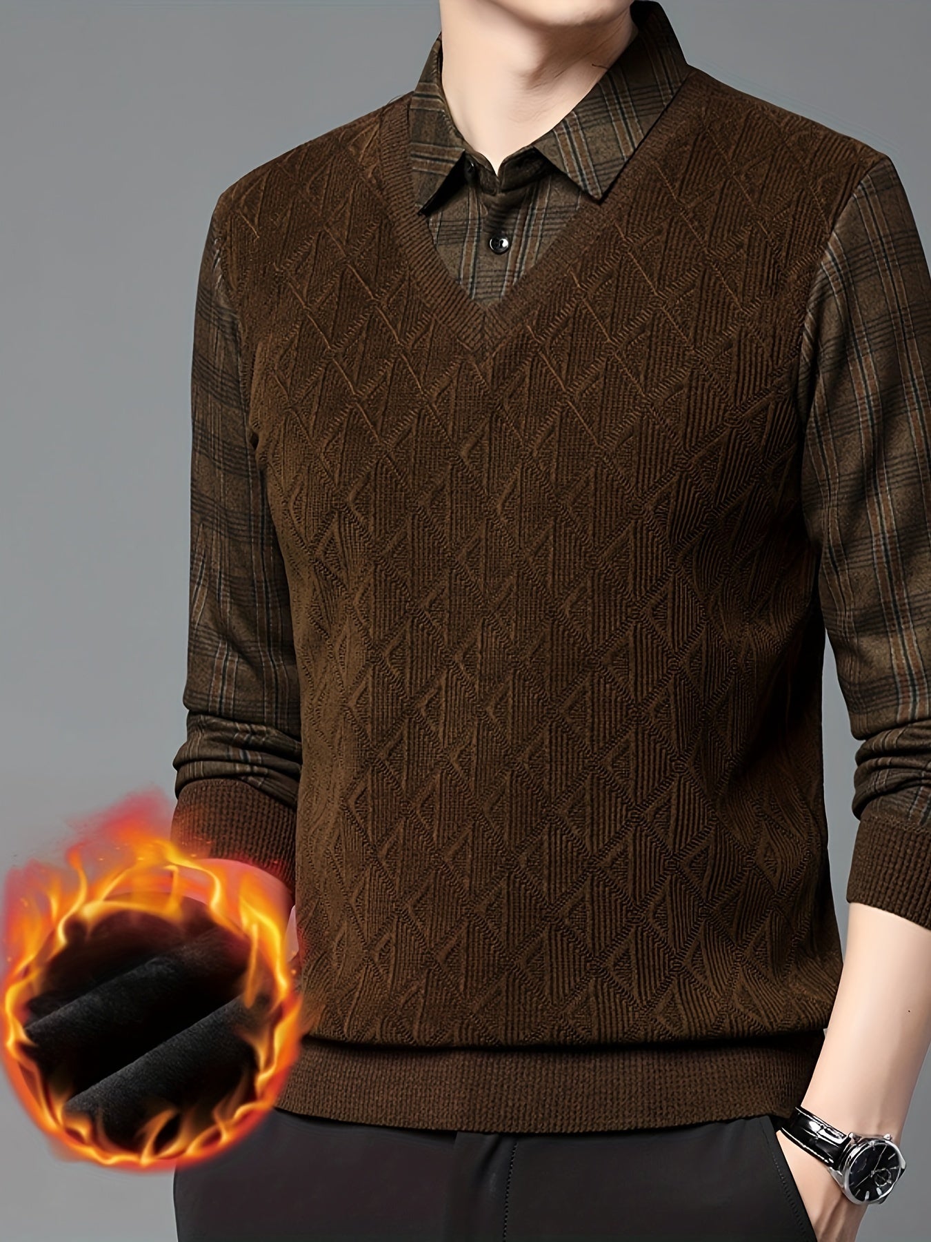 Sudadera de invierno para hombre con cuello forrado de terciopelo, tela de punto a rayas, camiseta casual de manga larga