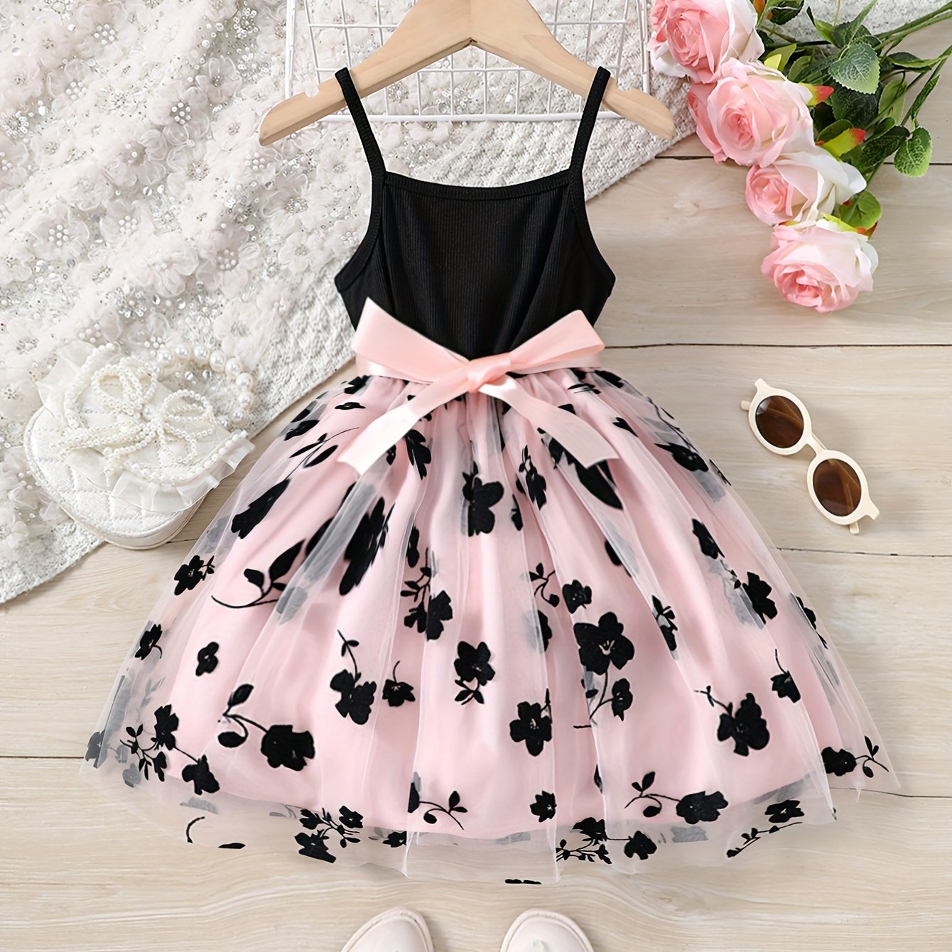 Girls Summer Splicing Flower Graphic Cami Tutu Dress for Kids