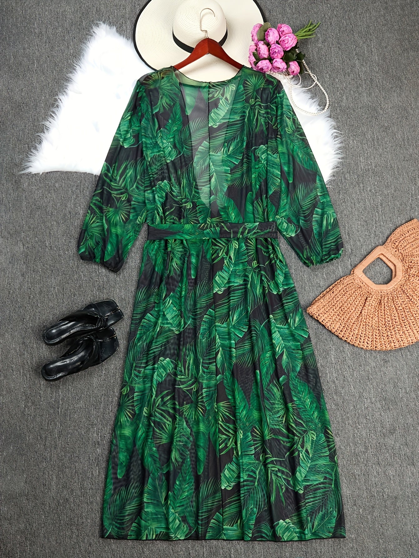 Кимоно-кардиган с длинным рукавом большого размера с тропическим принтом, зеленые листья, высокоэластичный полиэстер, летний пляжный накидка