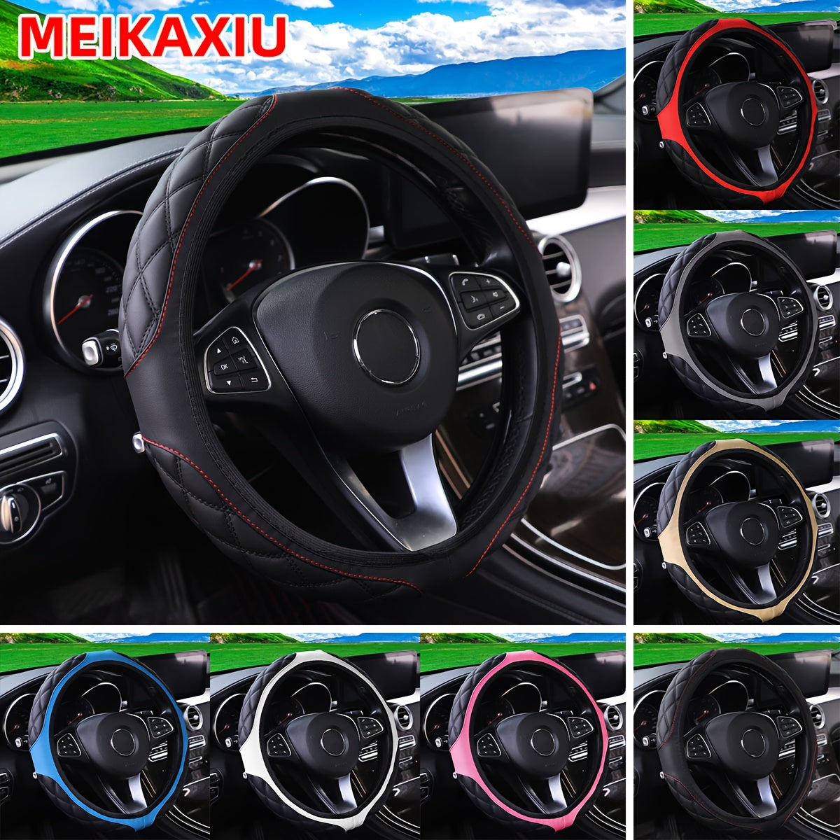 Women's Wear-Resistant PU Leather Steering Wheel Cover 36.83-38.1cm Embroidery