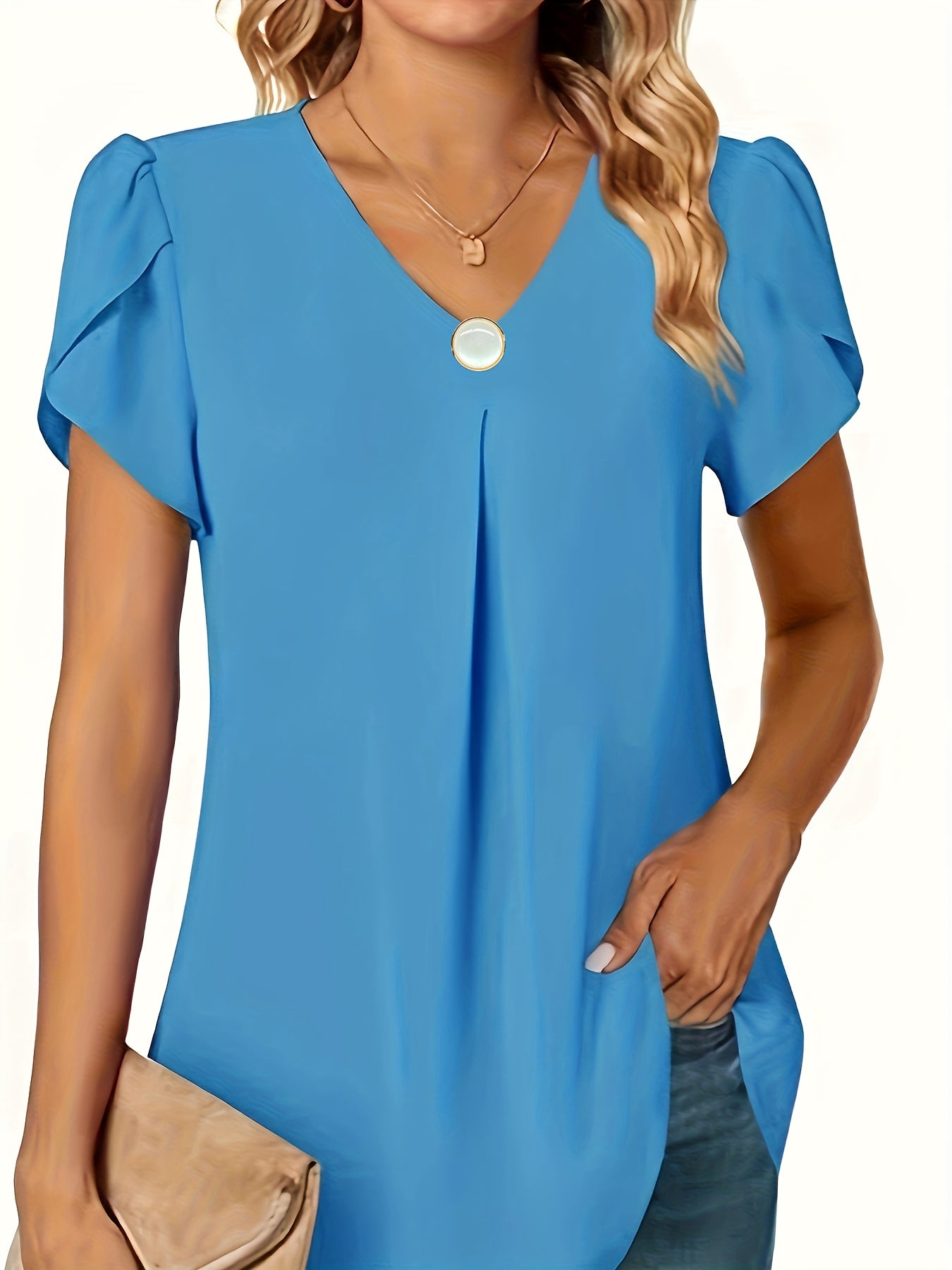 Women's Chiffon V-Neck Blouse with Ruffles Short Sleeves Elastic Waist Solid Color
