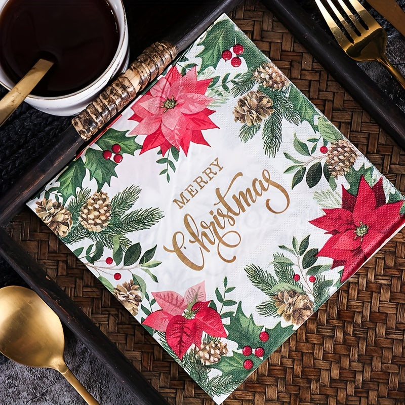 20 Christmas Disposable Paper Placemats with "Merry Christmas" Message Floral Print Square Shape