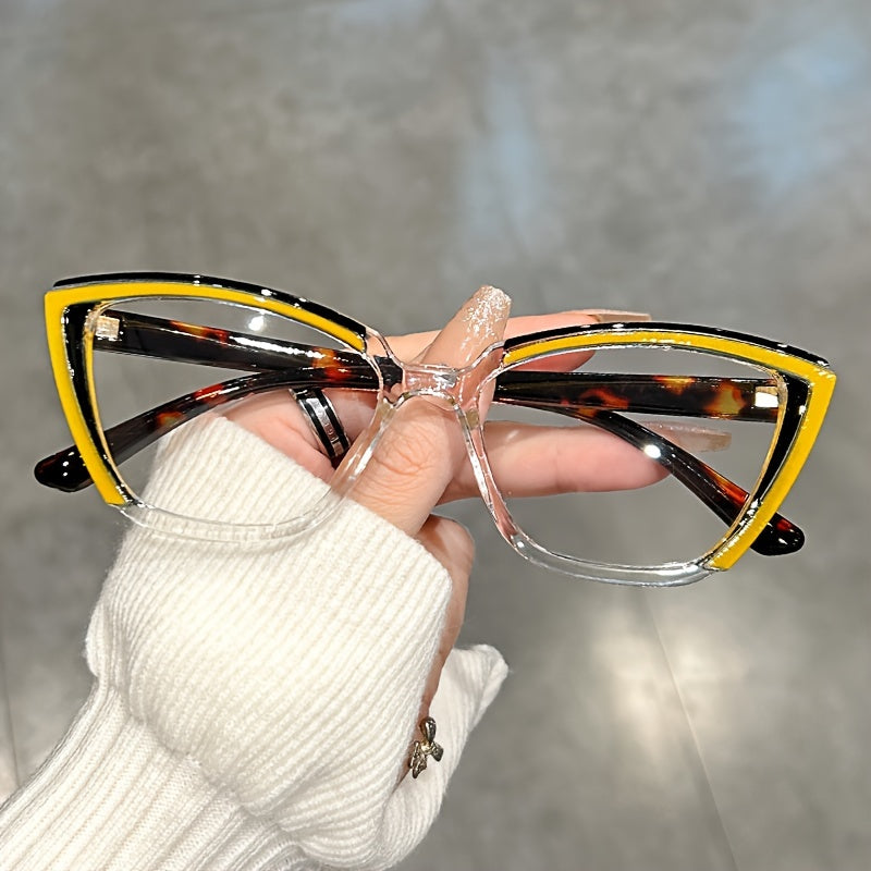 Retro Color Block Cat Eye Glasses for Women with Clear Lenses for Fashion and Computer Use