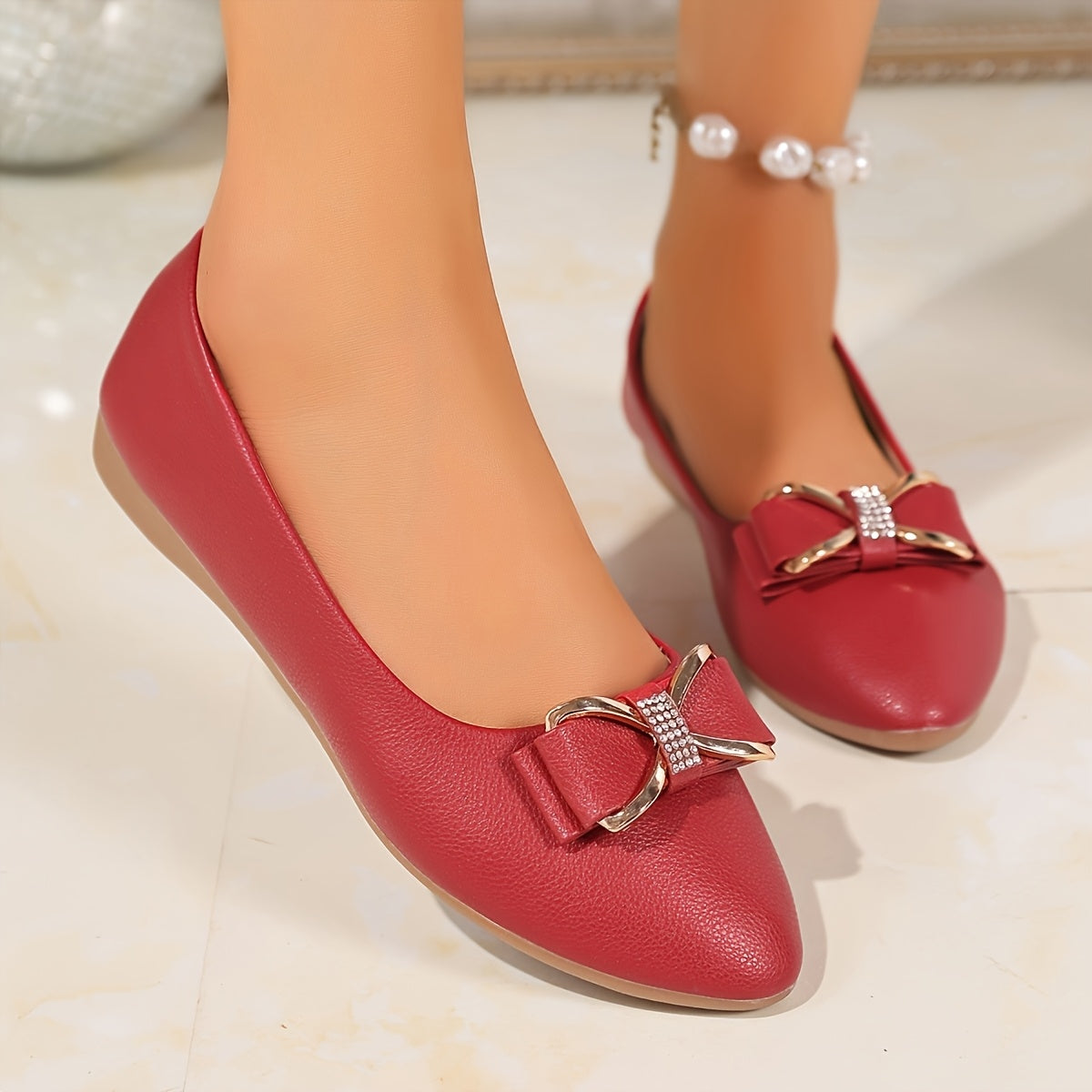 Women's Rhinestone Bow Flats Slip-On Round Toe Lightweight Casual Shoes