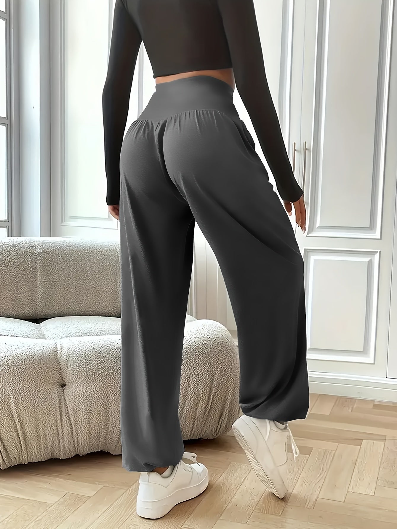 Women's High Waist Polyester Knit Sports Pants Quick-Dry Yoga Joggers for Adults