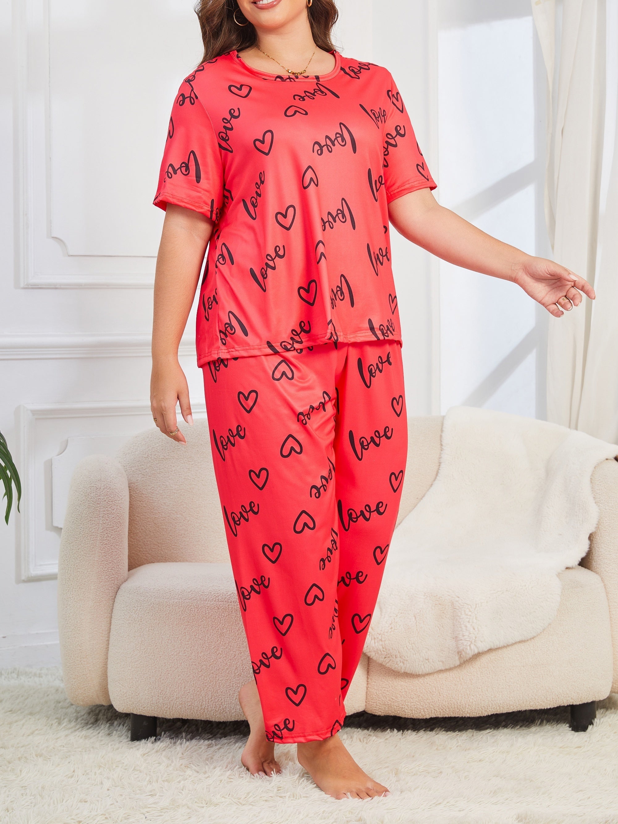 Women's Plus Size Letter Print Short Sleeve Pajama Set All Seasons