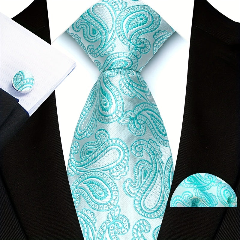 Men's Suit Set with Tie, Pocket Square and Cufflinks in Stripe and Paisley Design