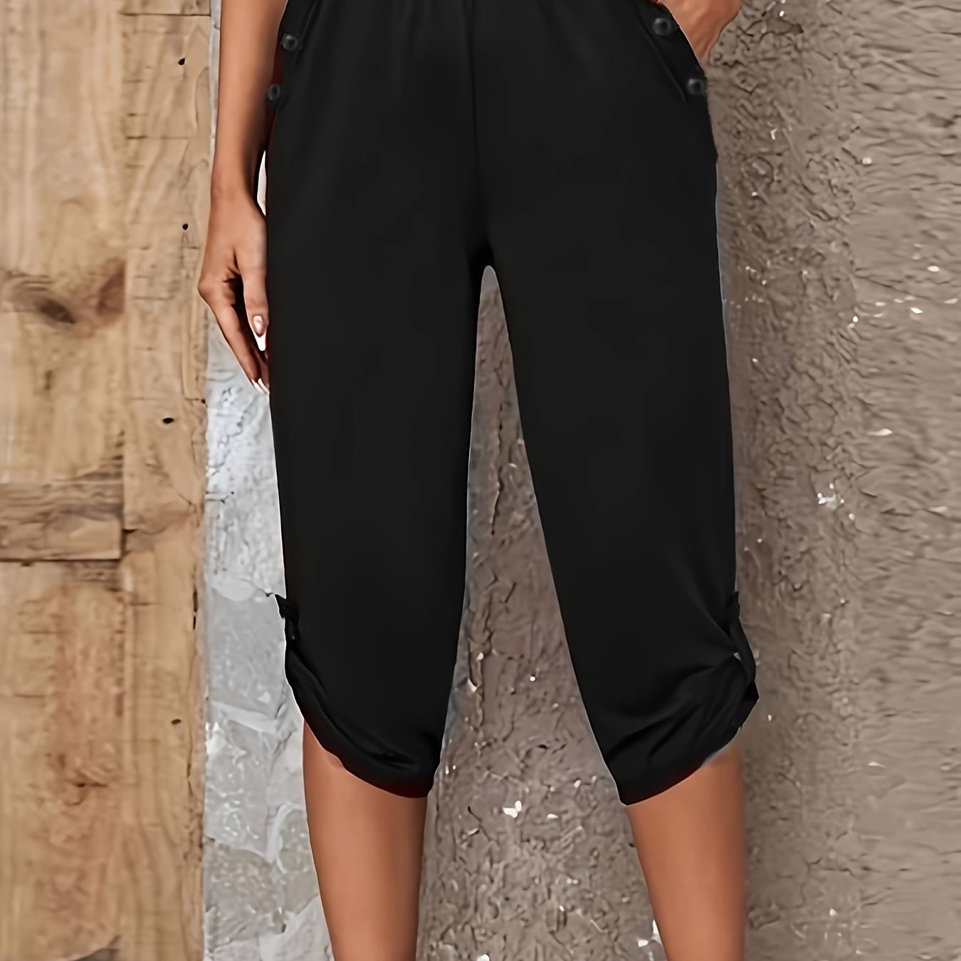 Pantalones cortos Bermuda de talla grande para mujer 100% poliéster color sólido con cintura elástica para todas las estaciones