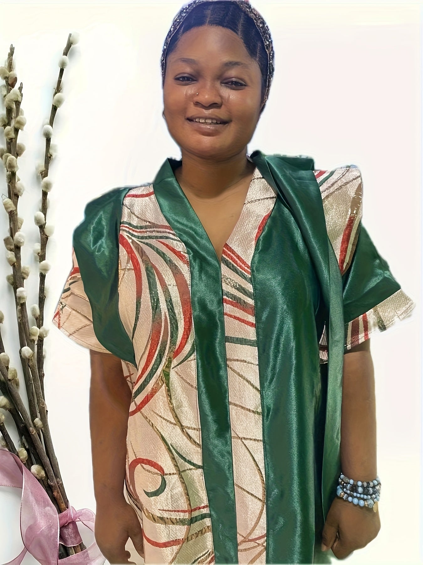 Plus Size Women's Color Block V-Neck Kaftan Dress Loose Fit Floral Pattern