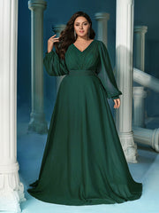 Women Emerald Green Rhinestone V-Neck Lantern Sleeve Evening Gown