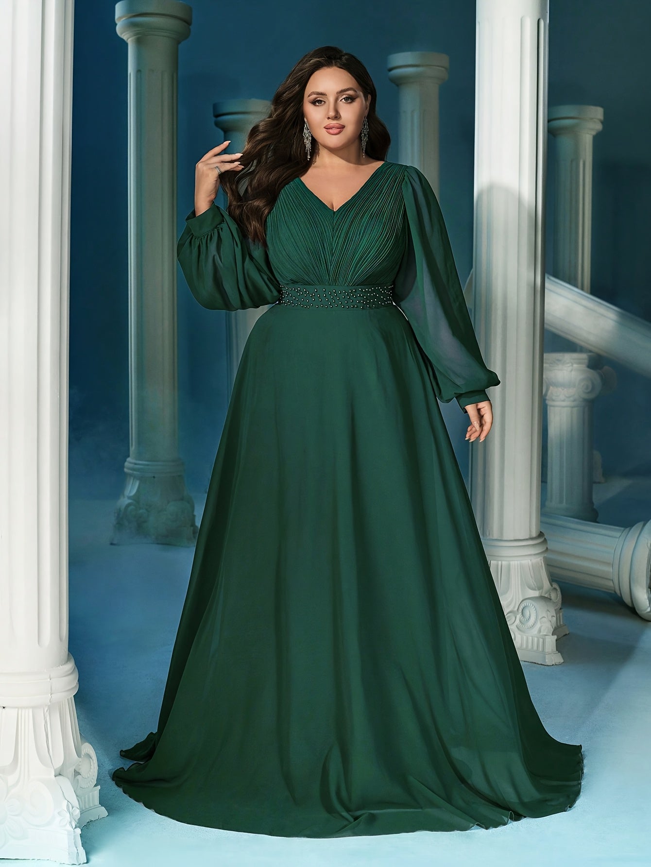 Women Emerald Green Rhinestone V-Neck Lantern Sleeve Evening Gown