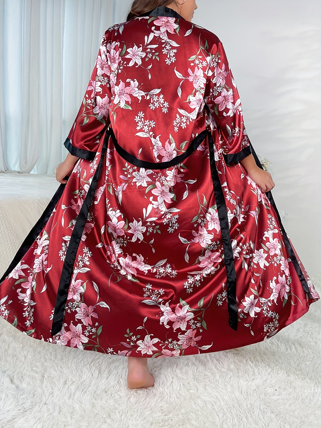 Plus Size Satin Floral Print Bathrobe Set Women's Pajamas Cami Top Shorts