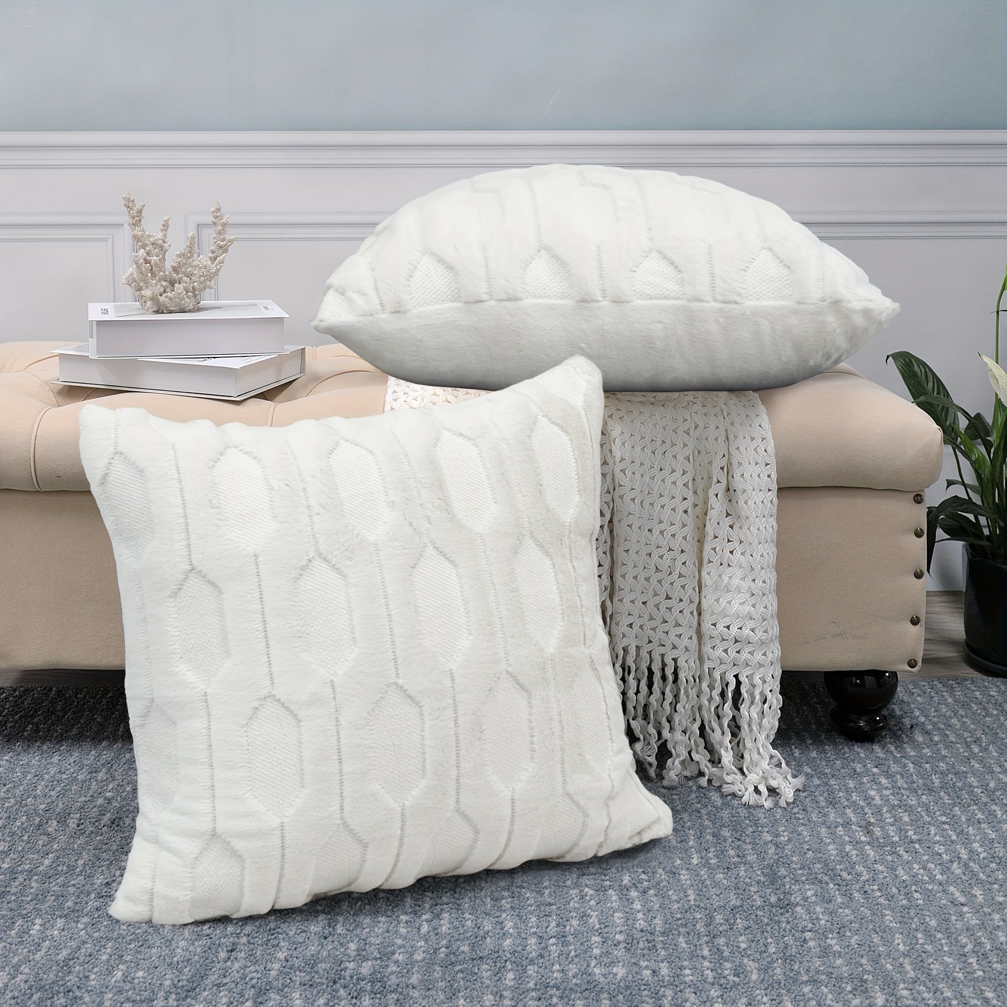 Soft Faux Fur Pillow Cover with Tatami Embroidery for Sofa Couch Bedroom Decor