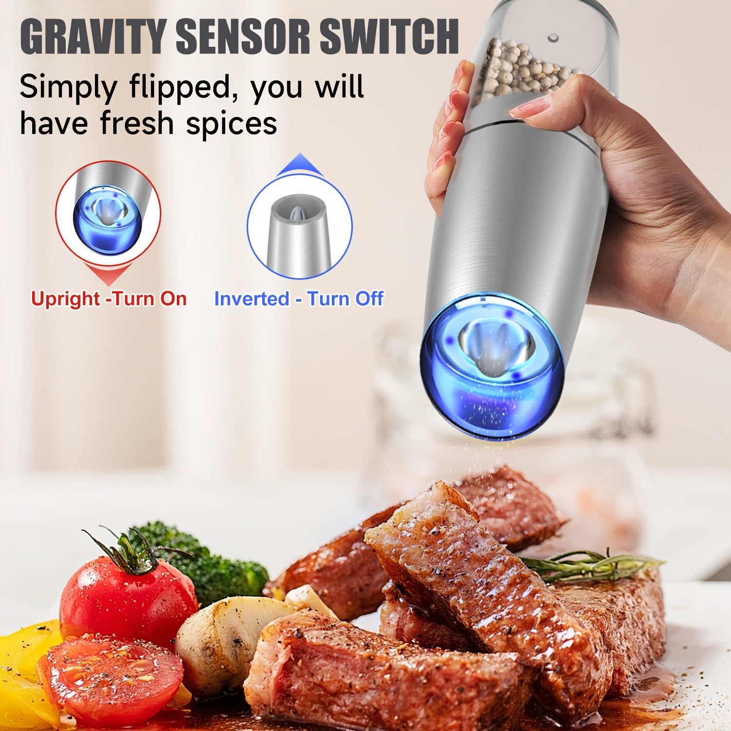 Electric Pepper and Salt Grinder Set Adjustable Coarse Stainless Steel Battery-Powered
