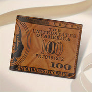 Vintage Faux Leather Wallet with $100 Bill Design, Multi-Card Slots, Black Short Double-Fold