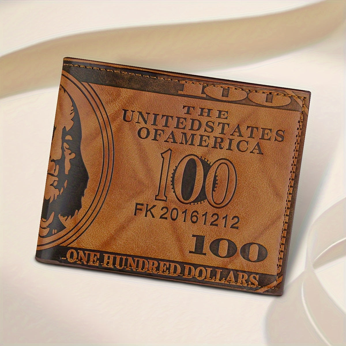 Vintage Faux Leather Wallet with $100 Bill Design, Multi-Card Slots, Black Short Double-Fold