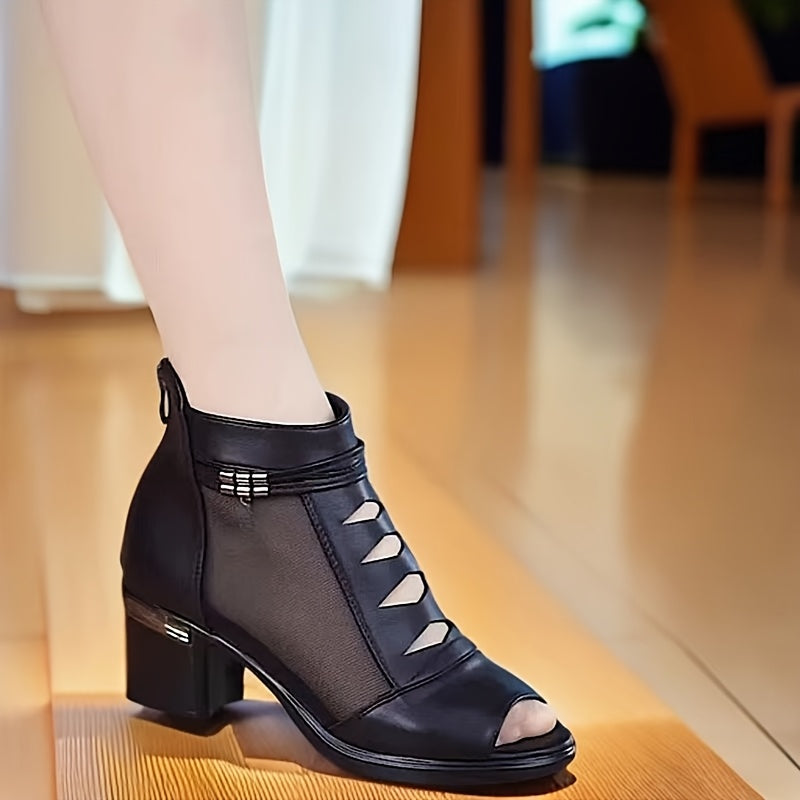 Women's Mesh Short Boots with Block Heel Open Toe Casual Summer Zipper