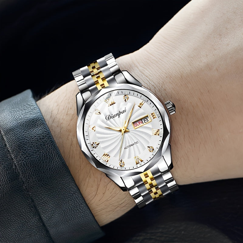 Men's Automatic Mechanical Watch Luminous Hands Gold Stainless Steel Waterproof Date Display