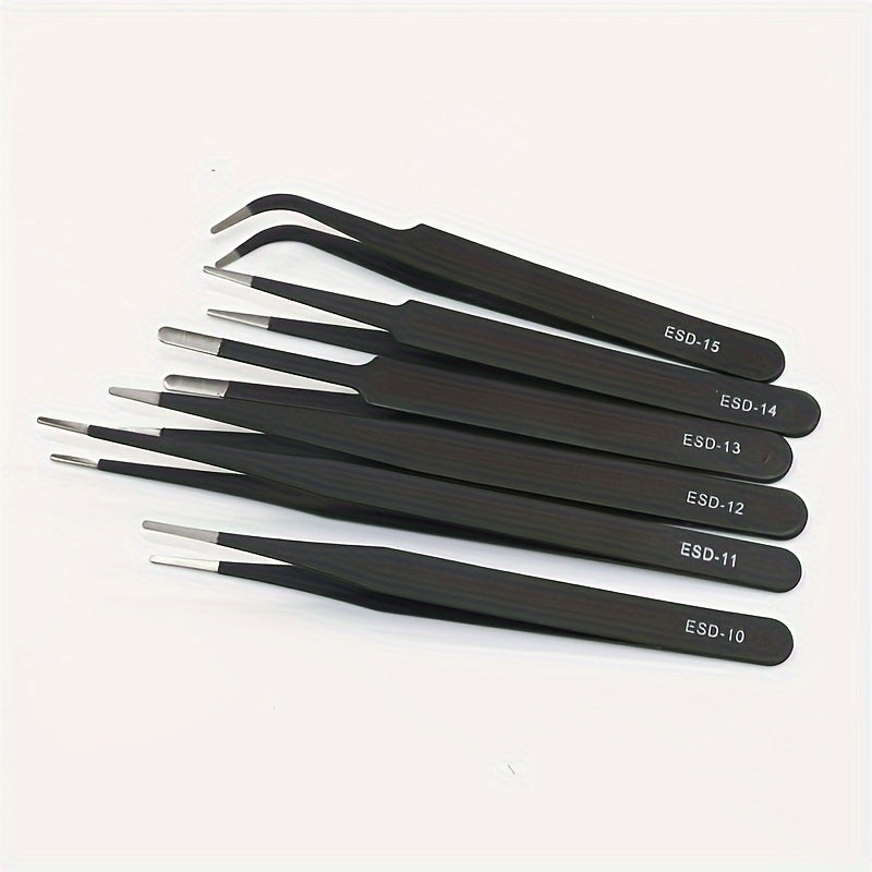 6-Piece ESD Safe Stainless Steel Tweezers Set for Precision Electronics Repair and DIY