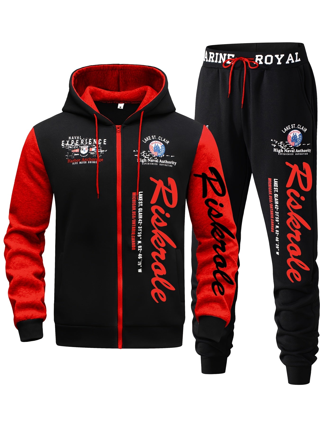 Conjunto deportivo casual para hombre, sudadera con capucha de poliéster y letras, con cremallera completa y pantalones con cintura elástica