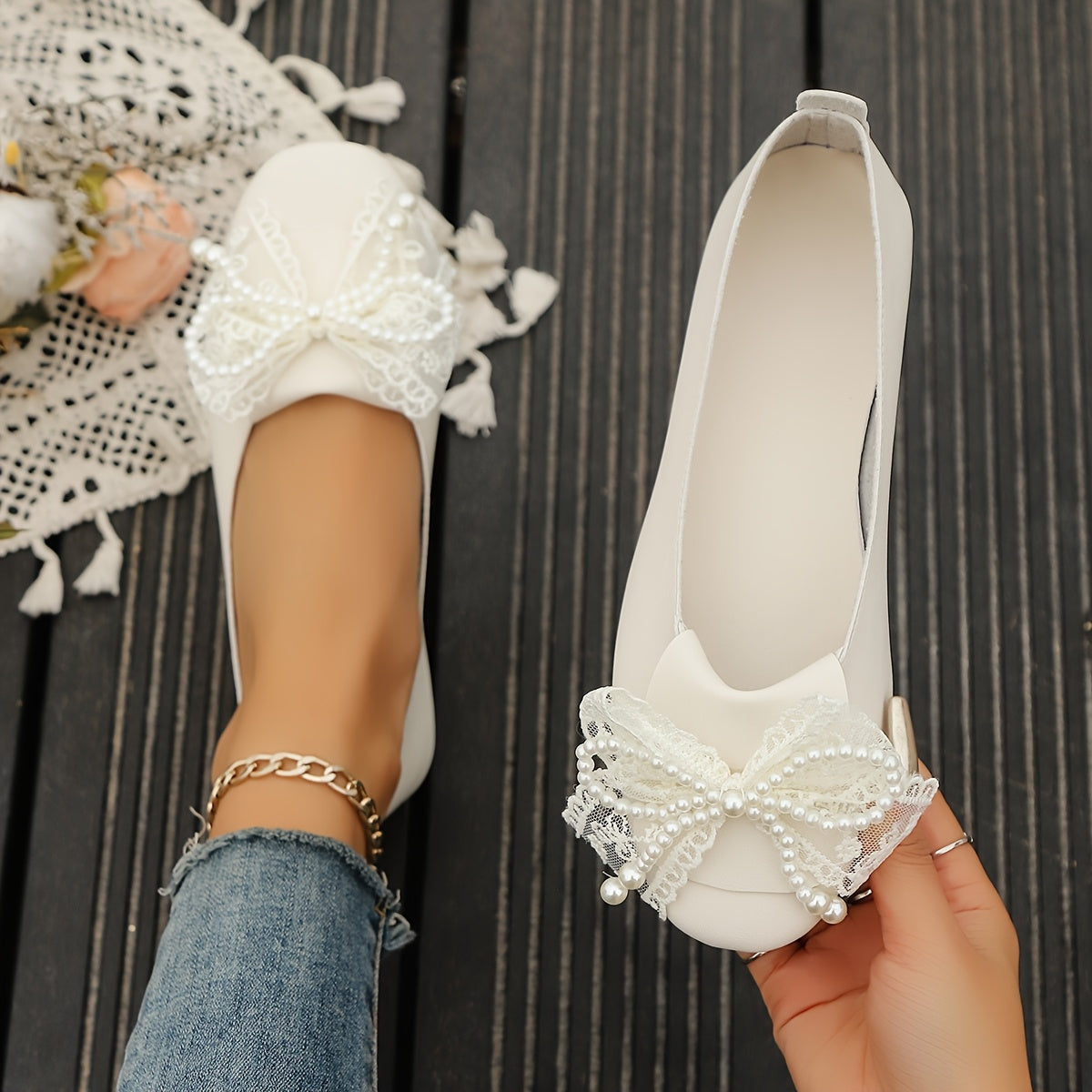 Women's White Faux Leather Slip-On Ballet Flats with Bow Embellishments