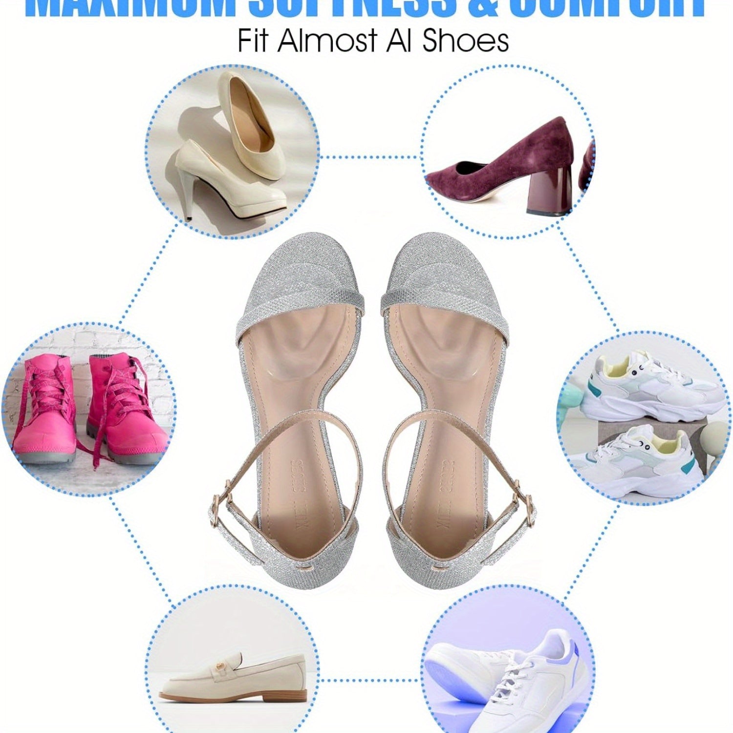 Women Reusable Gel Heel Pads 10-Pack with Arch Support Non-Slip Breathable
