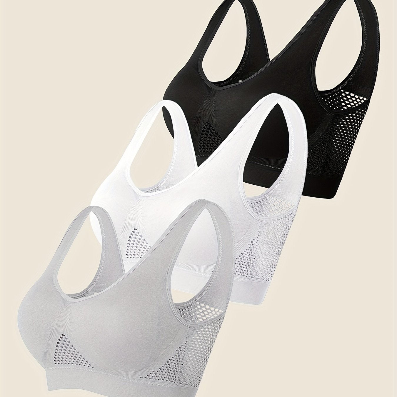 Women's Plus Size Sports Bras Breathable Mesh Wireless Crop Tops Black White 3 Pack