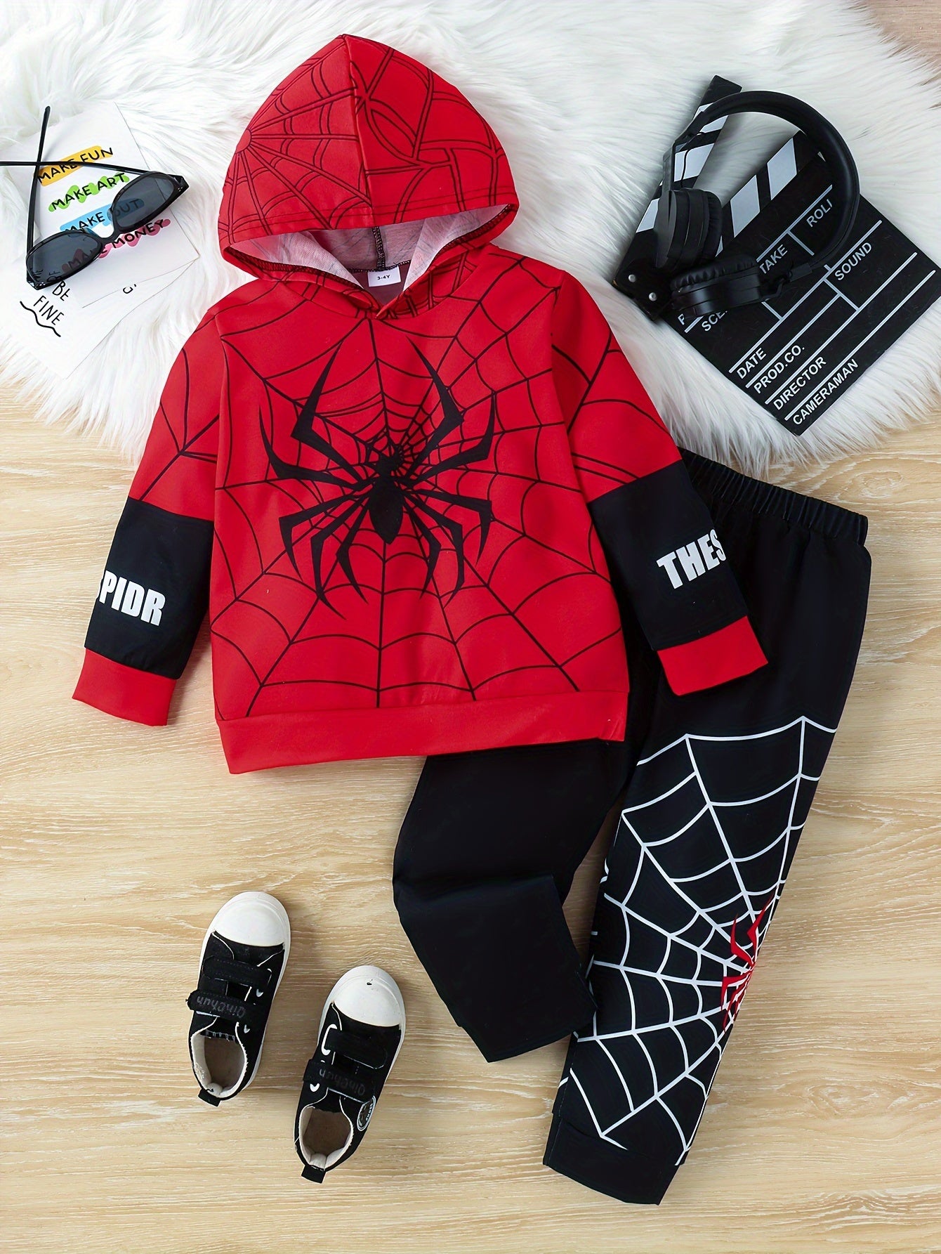 Boy's Spider Print Hooded Outfit Set Web Pattern Spring Fall 2pcs