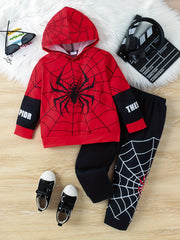Boy's Spider Print Hooded Outfit Set Web Pattern Spring Fall 2pcs
