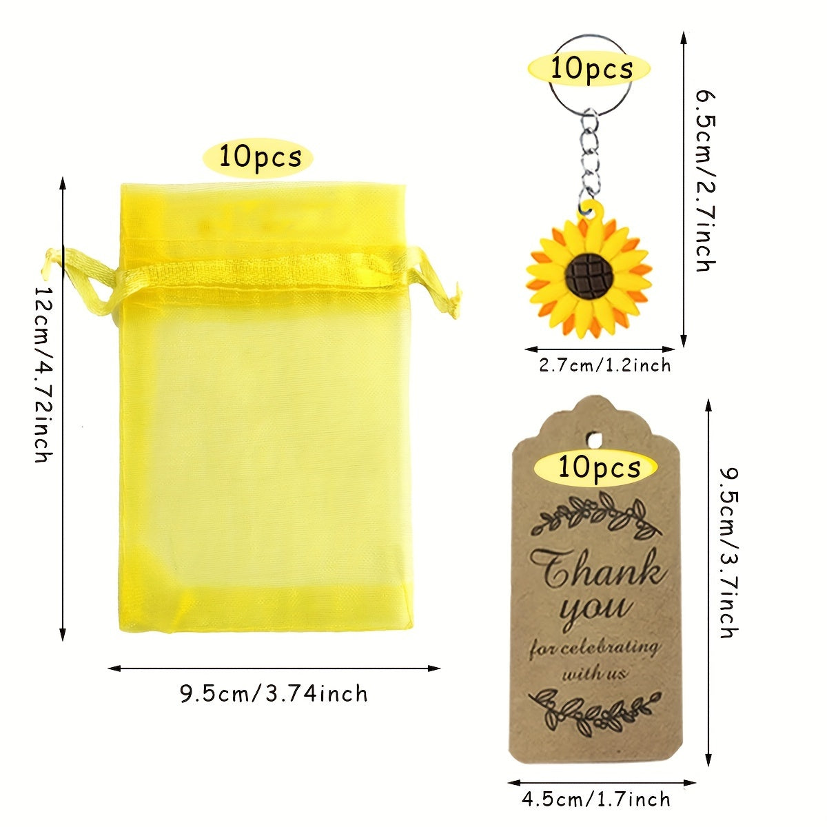 30 Pack Sunflower Keychain Party Favors with Organza Bags and Thank You Tags