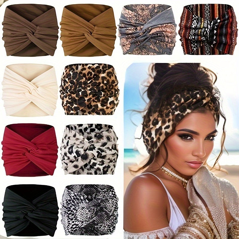 Set of 10 Boho Women Headbands African Inspired Wide Knotted Turban Style Stretchy Hairbands for Yoga Running