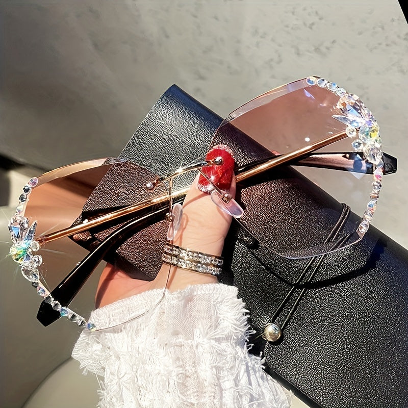Women's Rimless Oversized Gradient Lens Glasses with Rhinestone Accents for Beach and Casual Wear