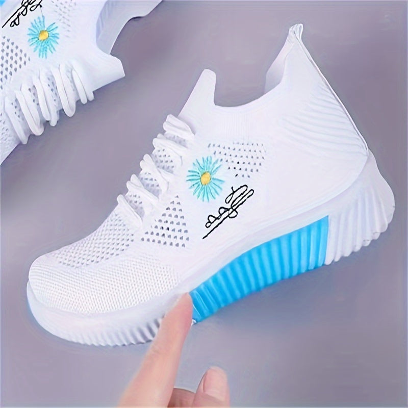 Women's Fabric Platform Sneakers with Flower Pattern Casual Lace-Up Low Top All-Season