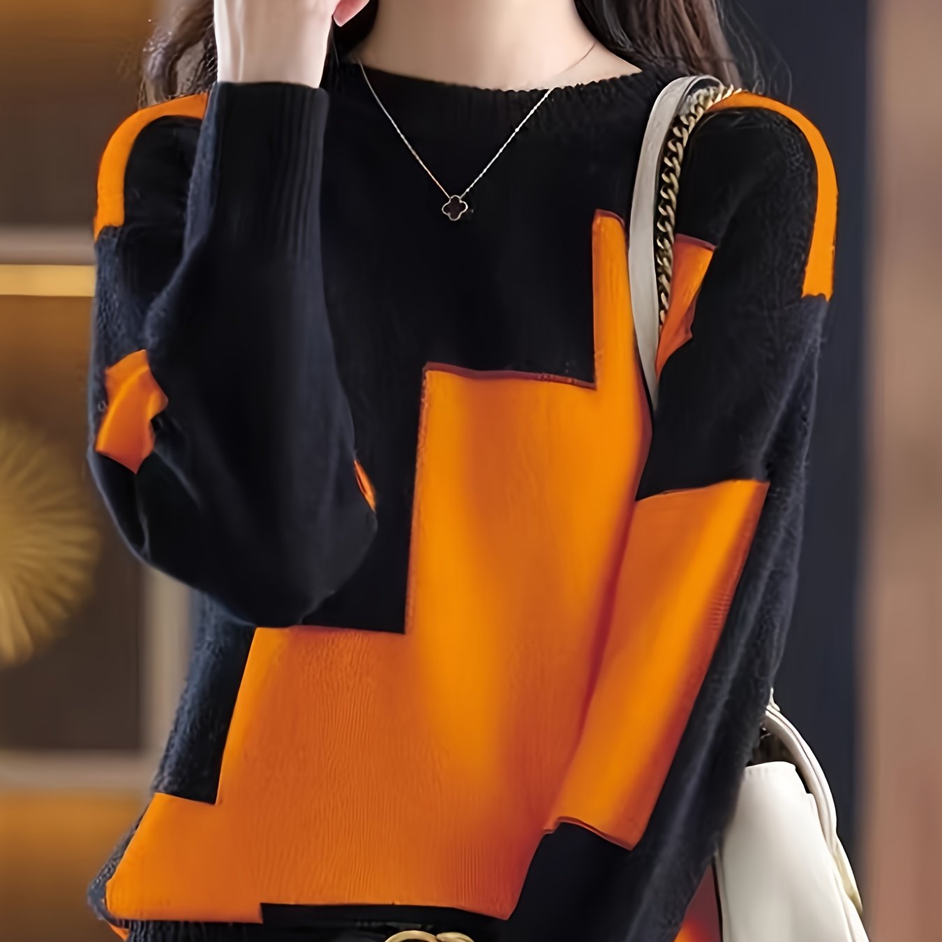 Women's Color-Blocked Crew Neck Sweater Knit Pullover for Autumn Winter