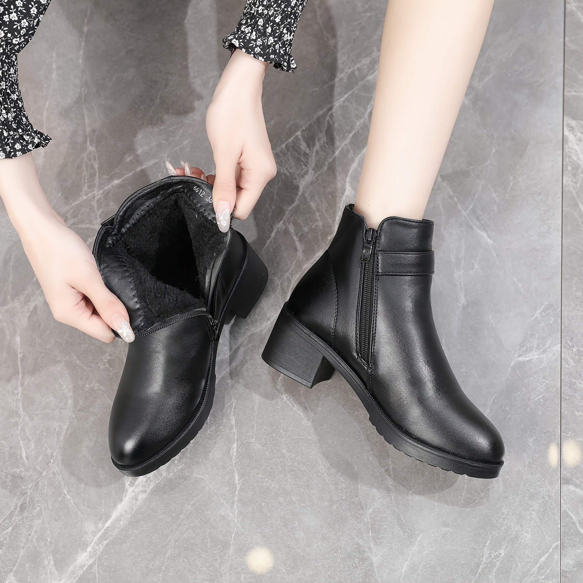 Women's Faux Plush Mid-Heel Winter Boots with Zipper and Non-Slip Sole