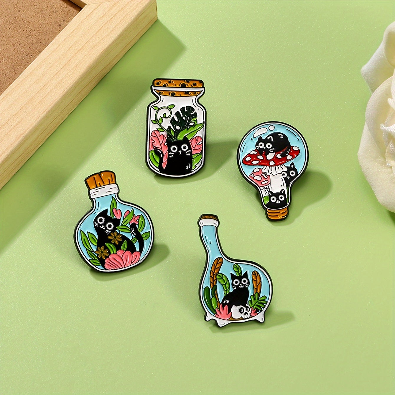 Set of 4 Cat and Plant Enamel Pins for Women Jewelry Brooches Alloy Stylish Accessories