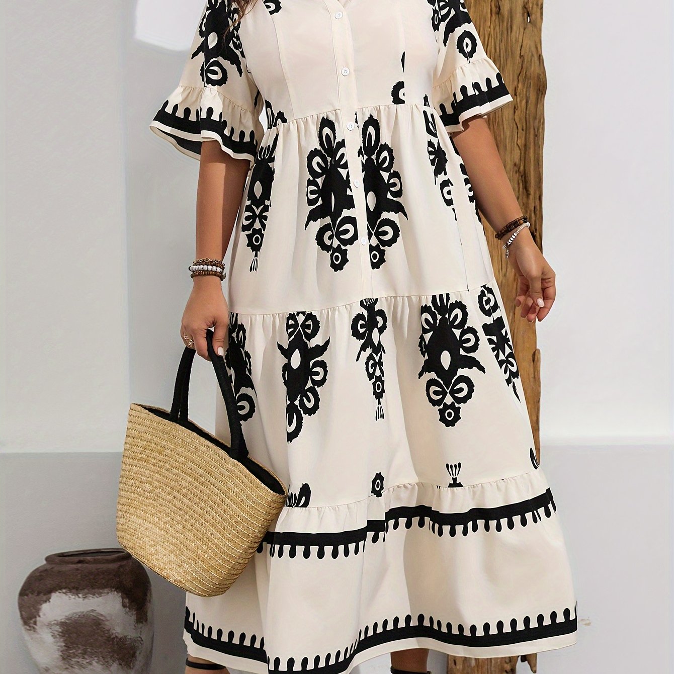 Floral Print Maxi Dress with Ruffle Sleeves for Spring Summer Polyester Blend