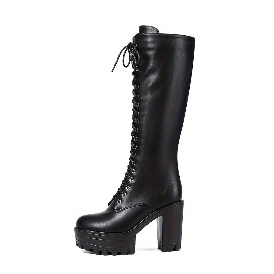 Women’s Mid-Calf Lace-Up Riding Boots Solid Color Platform Heel