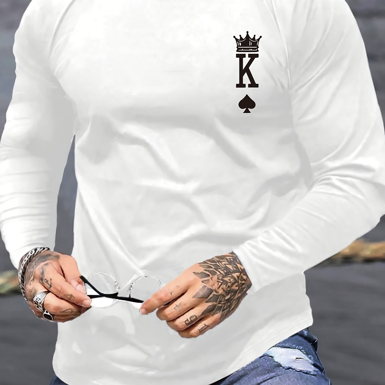 Erkaklar uchun King Print Uzun Qol T-Shirt - 100% Polyester, O'rtacha Cho'zilish, Oddiy Fit, Kuz/Bahar uchun Katta O'lchamli T-Shirt
