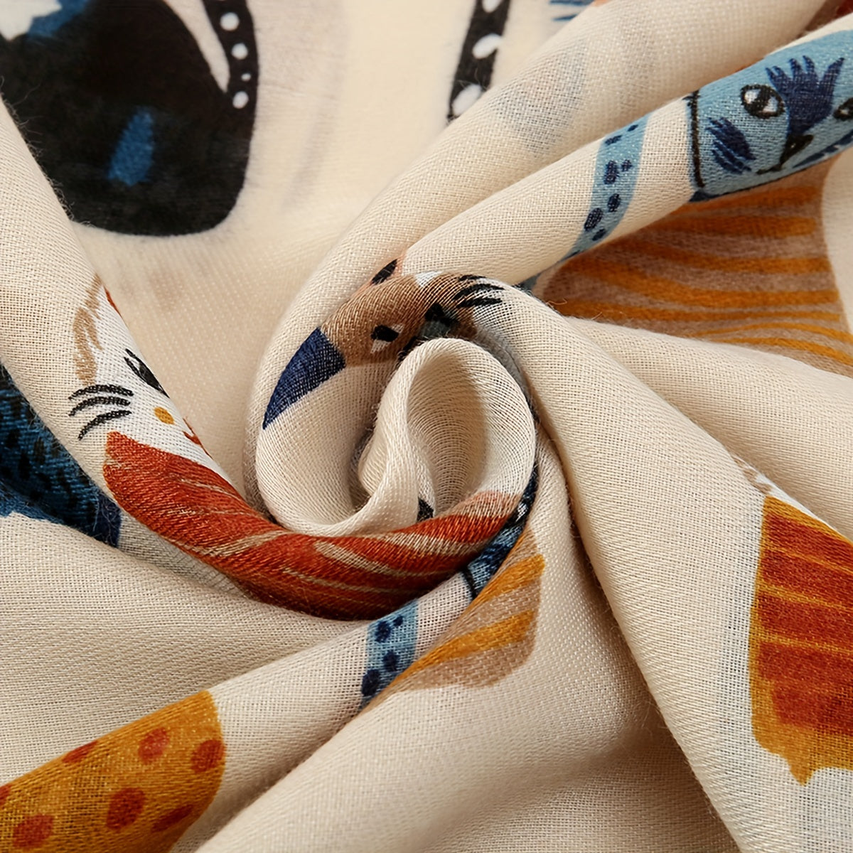 Breathable Cartoon Cat Print Scarf with Short Beard Design Elastic Sunscreen Head Wrap