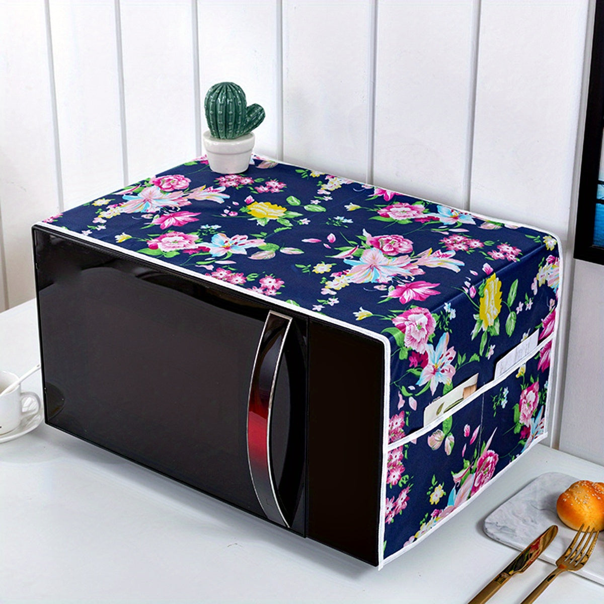 Cubierta de microondas con estampado floral y bolsillos, organizador de almacenamiento para cocina de 100cm