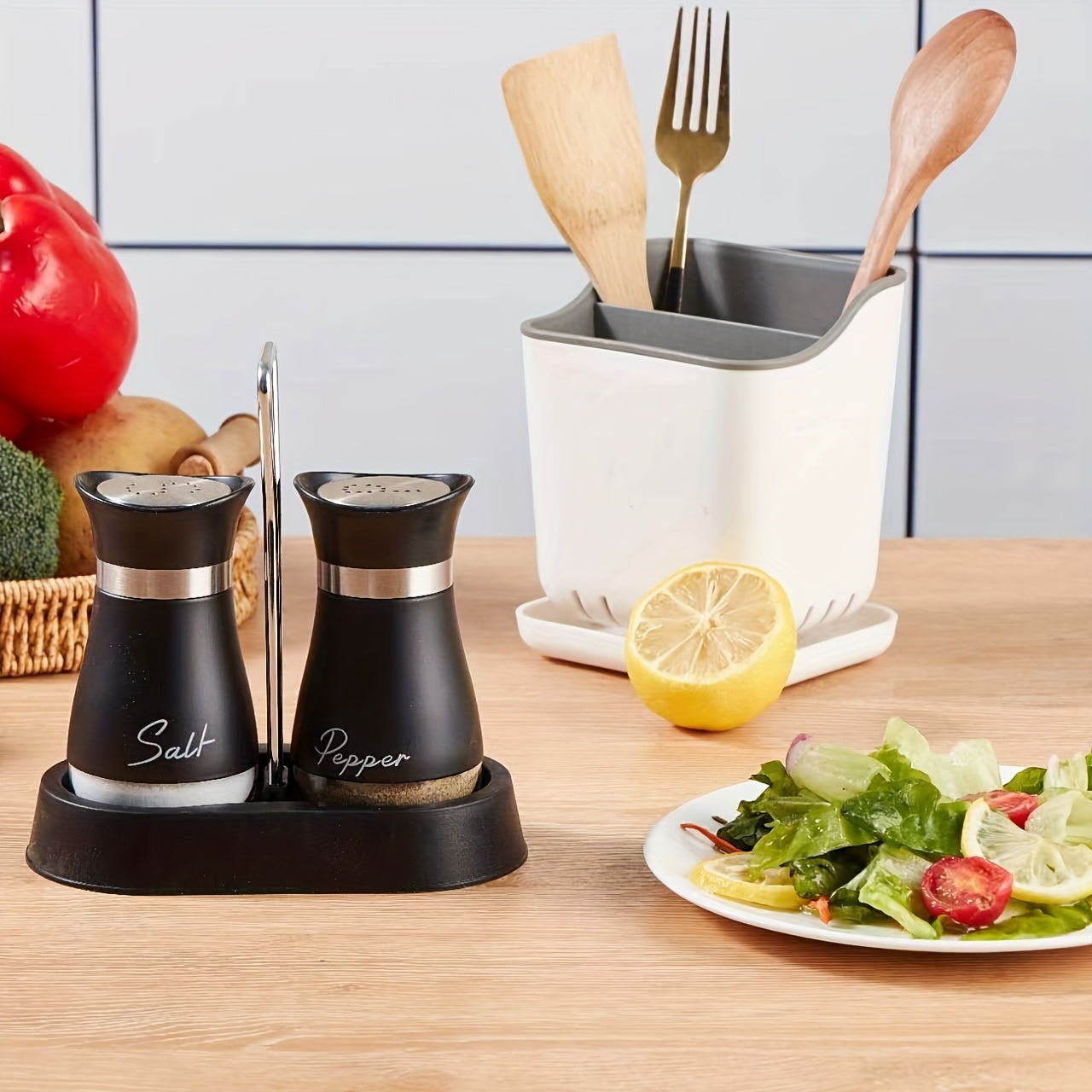 Salt and Pepper Shaker Set with Glass Bottom Bottles and Stand for Kitchen and Camping