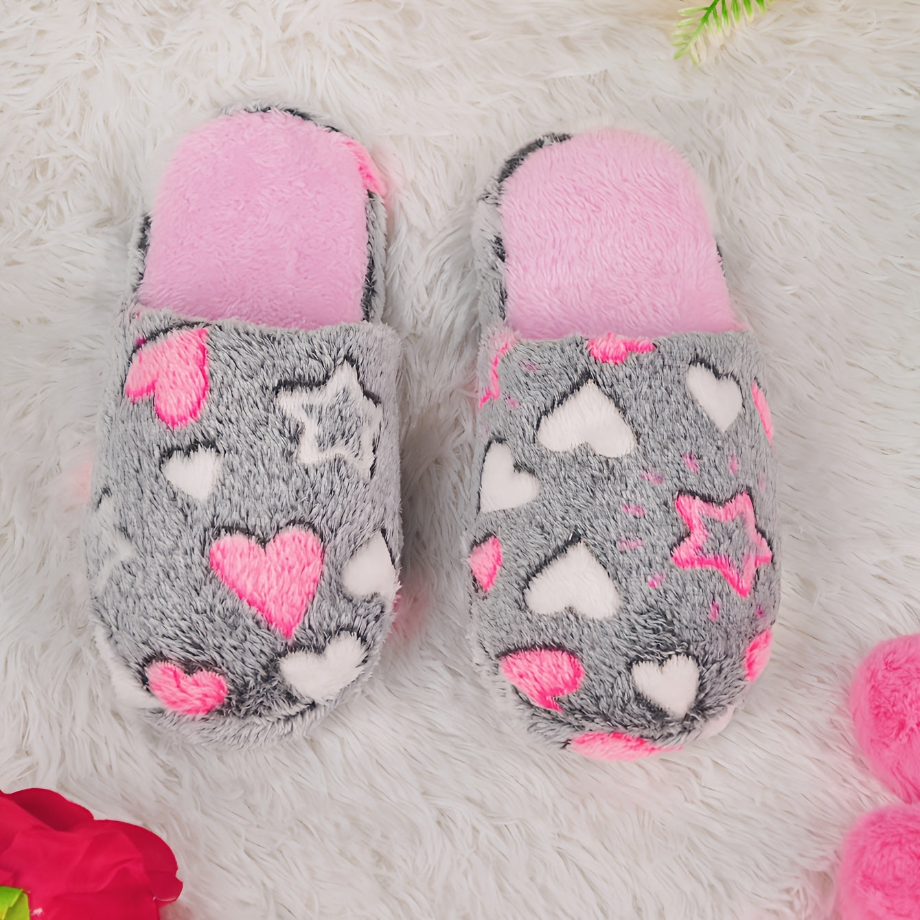 Women's Plush Non-Slip Indoor Slippers with Heart and Star Patterns Pink and Black