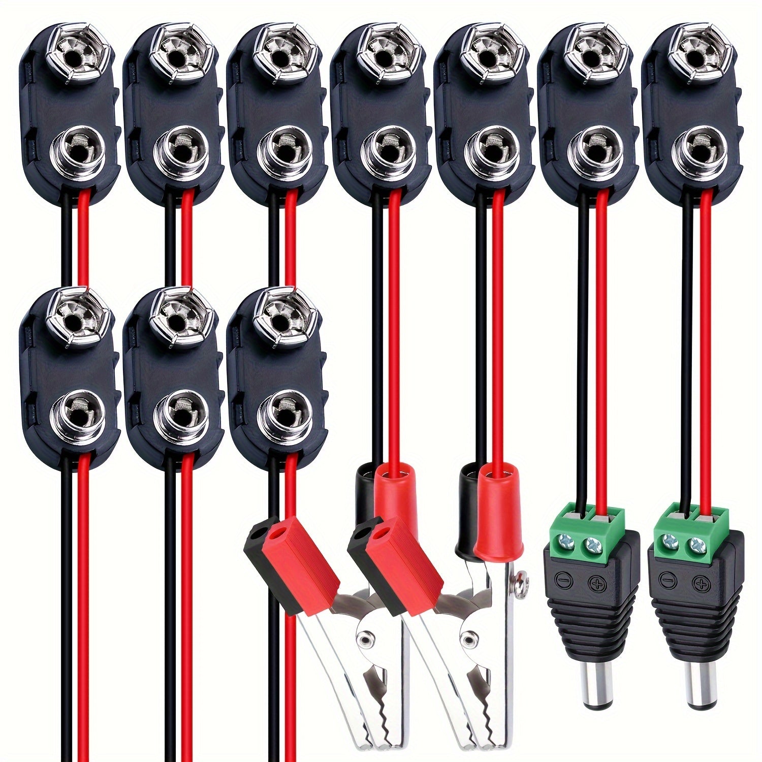 10Pcs 9V Battery Terminal Connectors with 150mm Cable Crocodile Clips and DC Male Plugs