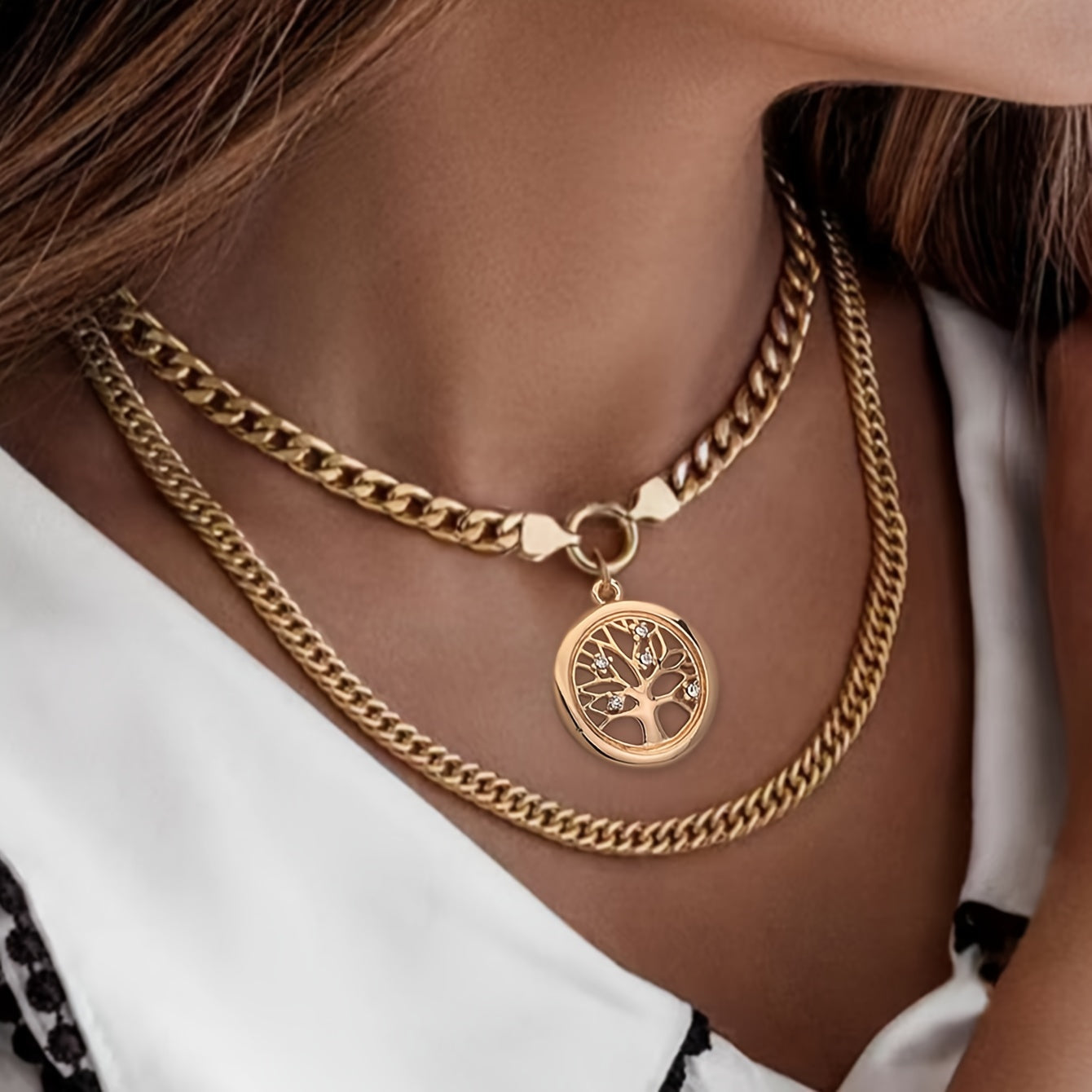 Set of 2 Inlaid Zirconia Tree Pendant Necklaces with Cuban Link Chain for Women