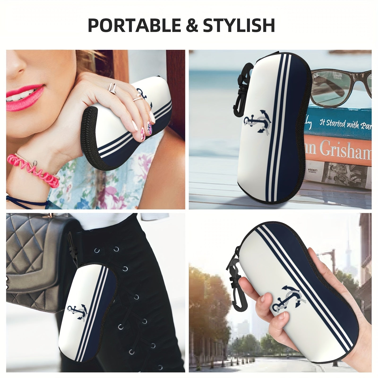 Стильный чехол для очков с узором в виде якоря темно-синего цвета для мужчин и женщин - легкий нейлоновый чехол на молнии для модных очков для чтения, идеально подходит для хранения в пути.